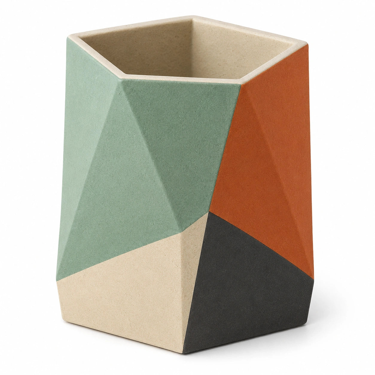 Porta lápices geométrico verde, naranja, beige y negro