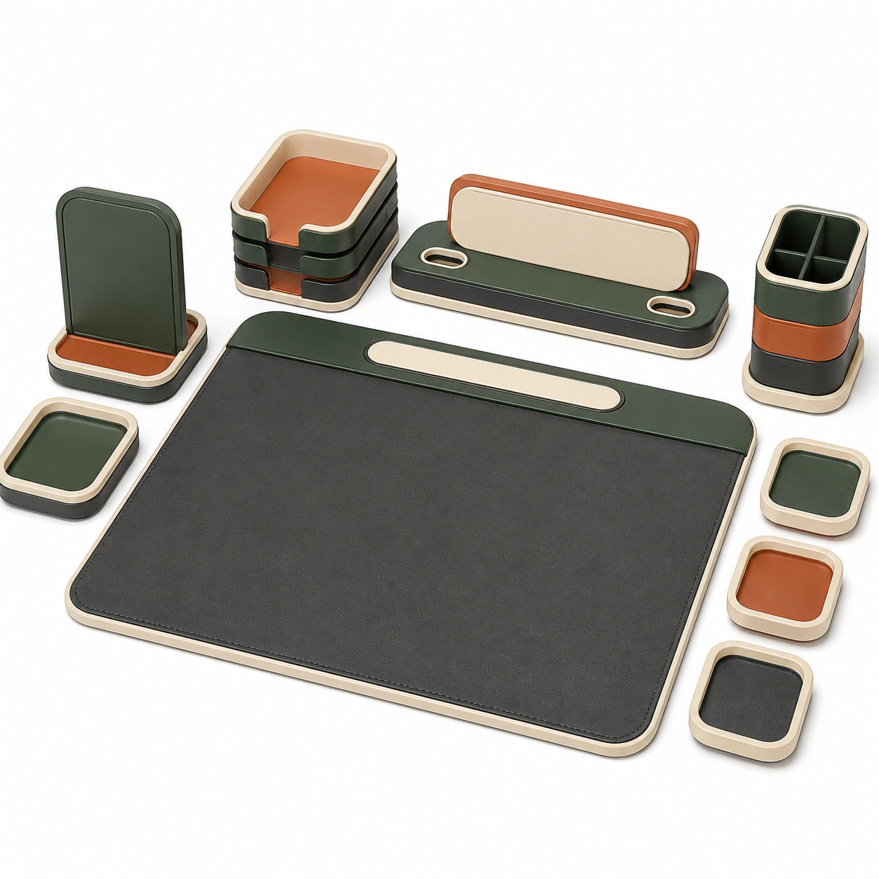 Conjunto de accesorios de escritorio Verde/Naranja/Beige con alfombrilla y organizadores