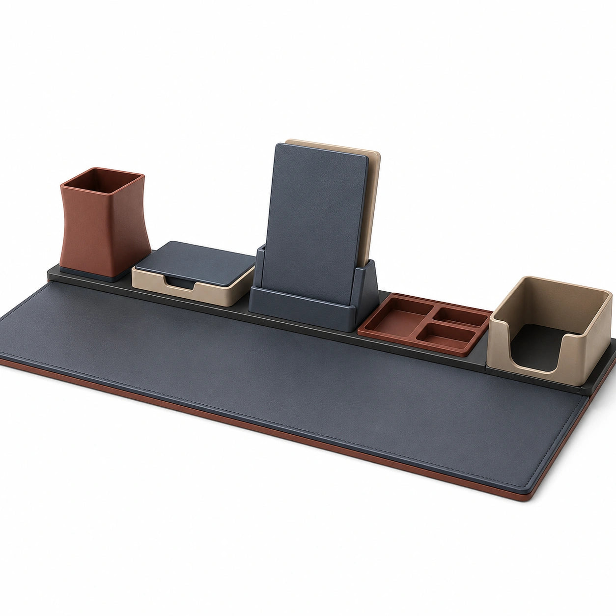 Organizador de Escritorio con Porta Lápices y Bandeja de Documentos - Azul/Beige/Marrón