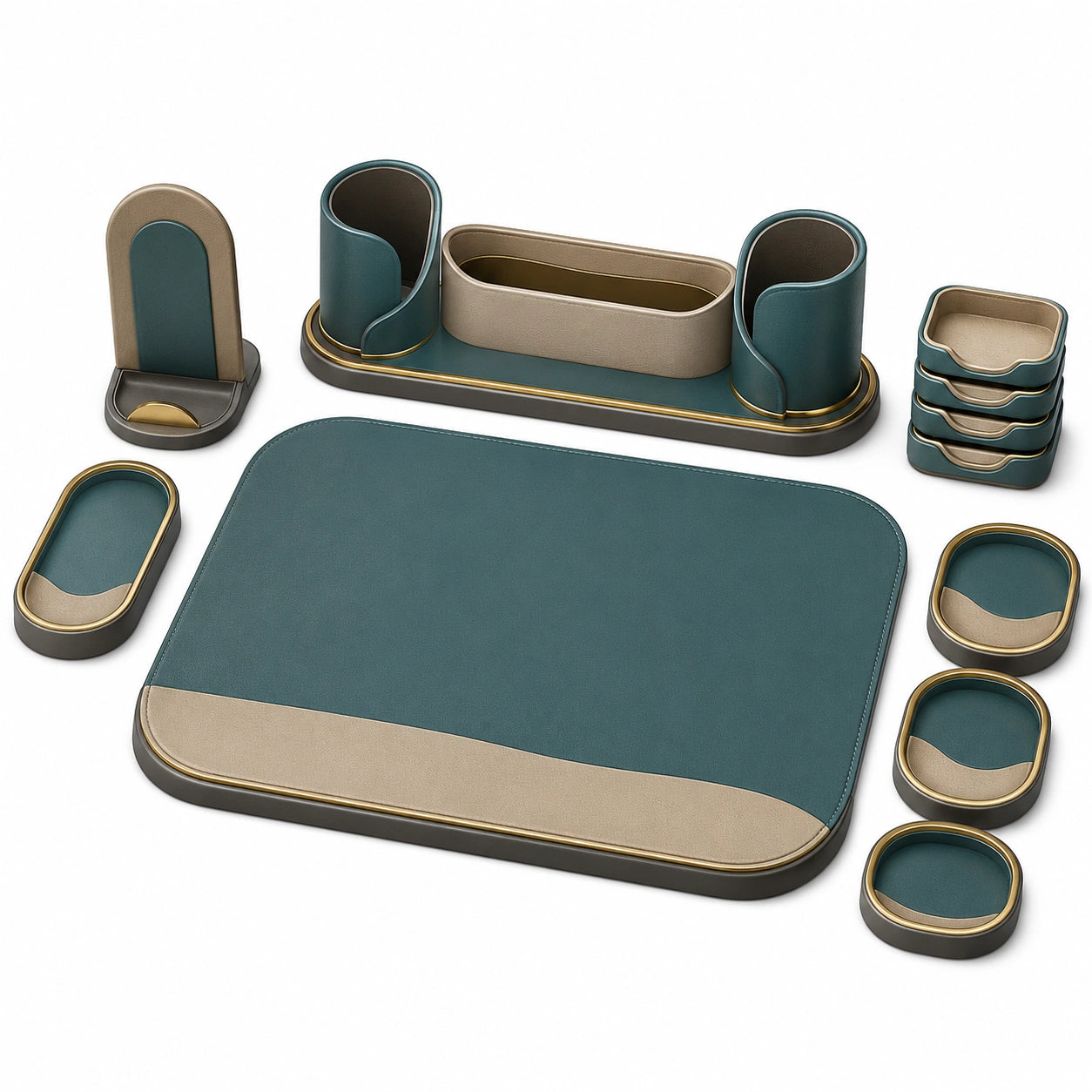 Conjunto de accesorios de escritorio en verde y beige para organización